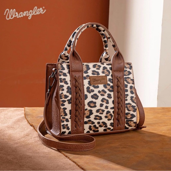 Wrangler Mini Tote Leopard Print Western Crossbody Purse 7.9"L X 3.5"W X 6.2"H - Picture 2 of 5
